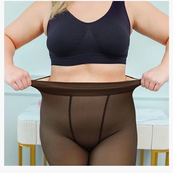 New Fleece Lined Illusion Sheer Nylons Leggings - Picture 5 of 8